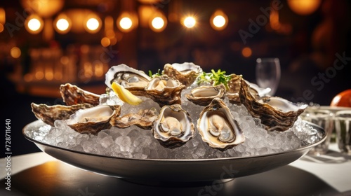 Fresh oysters served on ice with lemon and glasses of white wine, copy space
