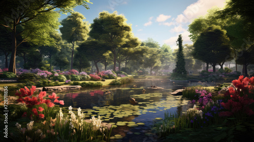  A pond with flowers and trees around it.
