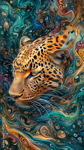 A leopard with Swirling patterns vibrant color  a Abstract panther with fluid  ink-blot patterns  wallpaper background image for cellphone  mobile phone  ios  android