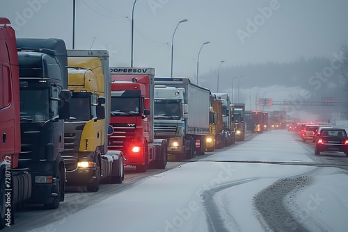 A Winter’s Tale on the Road Colorful Trucks Lined Up in a Traffic Jam During a Snowy Day, Illuminating the Grey Sky