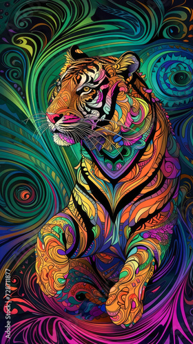 A tiger with Swirling patterns vibrant color, abstract geometric stripes , wallpaper background image for cellphone, mobile phone, ios, android