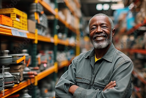 Confident Worker Standing Amidst Shelves Stocked with Auto Parts, Representing Efficiency and Organization in a Modern Warehouse