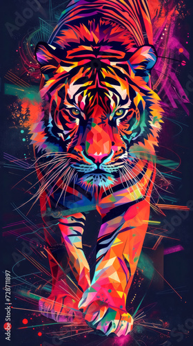 A tiger with Swirling patterns vibrant color  abstract geometric stripes   wallpaper background image for cellphone  mobile phone  ios  android