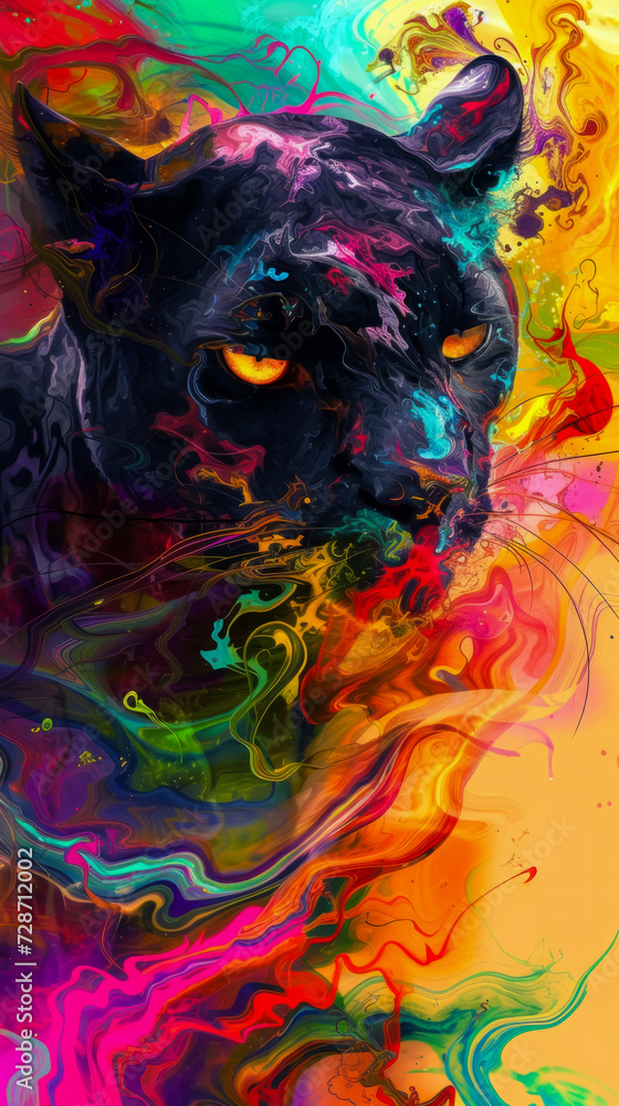 A leopard panther with Swirling patterns vibrant color, a Abstract panther with fluid, ink-blot patterns ,wallpaper background image for cellphone, mobile phone, ios, android