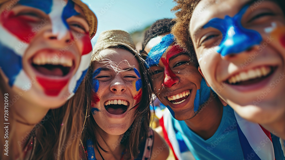 A group of young fans with their faces painted in colors of French flag cheering event, Fans of Olympic sports