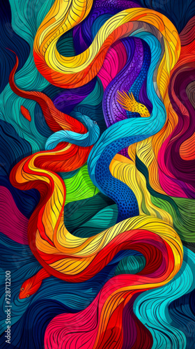 Abstract Snake with Swirling patterns vibrant color,a Minimalist snake with simplified, curving forms , wallpaper background image for cellphone, mobile phone, ios, android