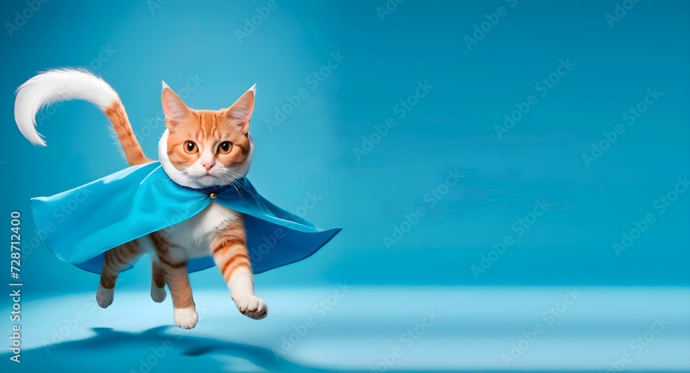 a cat in a raincoat and glasses on bluebackground. with space for text