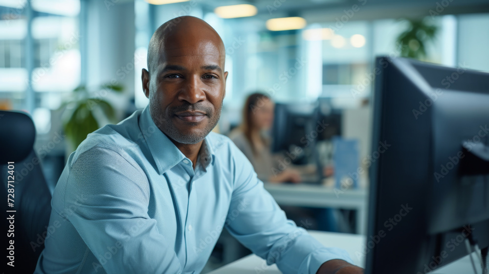 Confident individual at a workstation with multiple computer monitors in a modern office. Confident individual at a workstation with multiple computer monitors in a modern office.