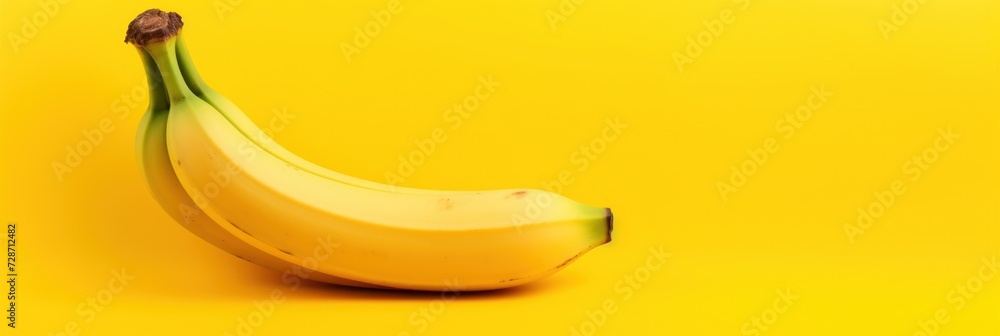 Ripe bananas on bright yellow background, wide horizontal panoramic banner with copy space, or web site header with empty area for text.