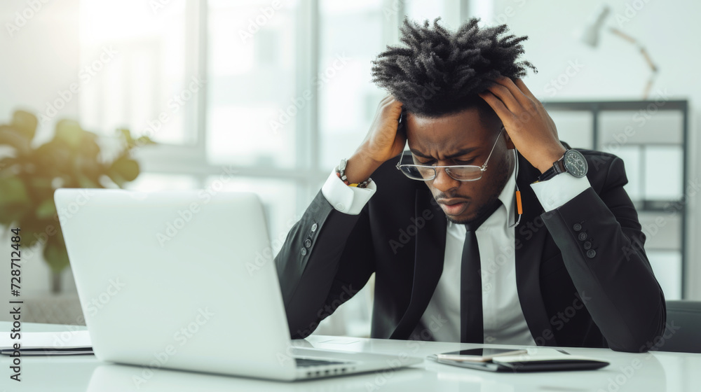 A stressed person at a desk holds their head in dismay while looking at a laptop screen, with eyeglasses set aside. A stressed person at a desk holds their head in dismay while looking at a laptop screen, with eyeglasses set aside.