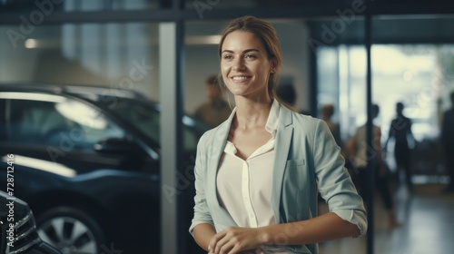 woman happy customer for buyer new car auto, female want buy automobile in showroom vehicle dealership store motor show indoor Sales, saleswoman, showroom, transportation