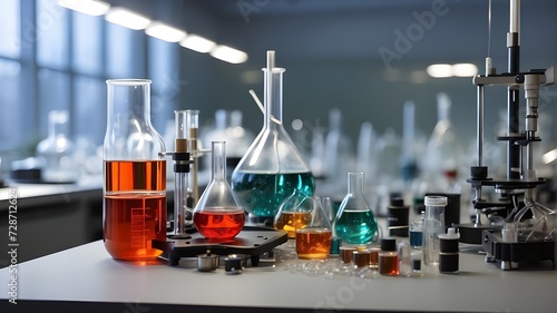 Items of glass in a lab, Volumetric glassware bottles for research in a chemical medicine laboratory set. Graphic Art