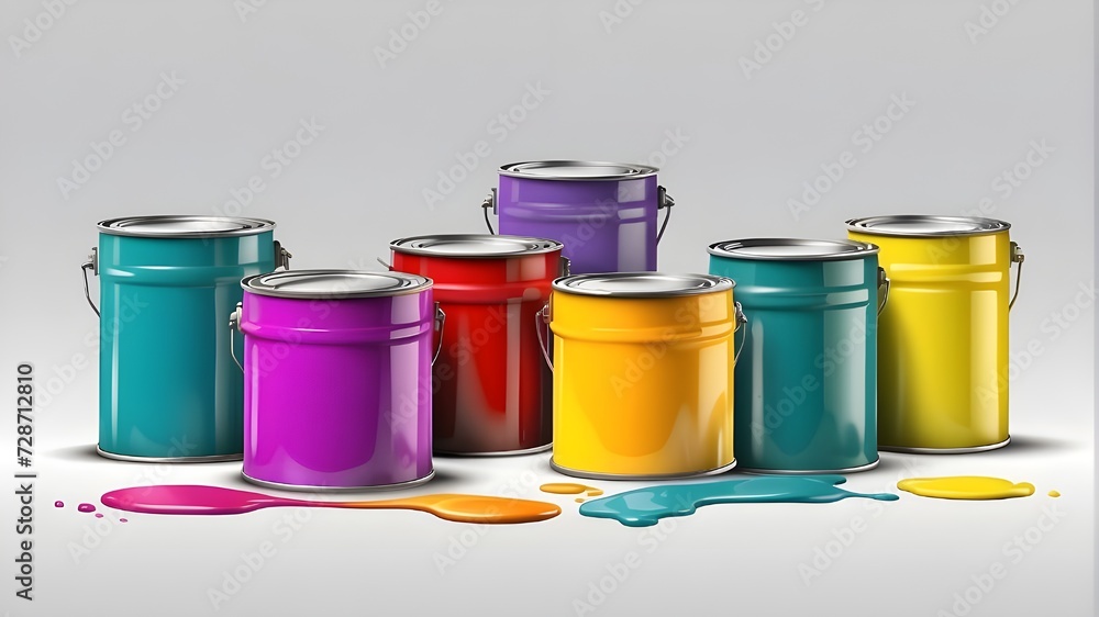 a collection of colorful gouache jars open against a hazy watercolor backdrop. paint cans that have been opened. a collection of colorful gouache jars open against a hazy watercolor backdrop. paint cans that have been opened.
