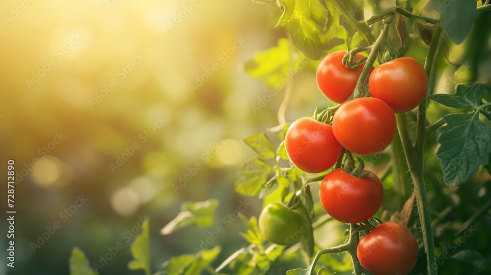 Red ripe tomatoes on a stem. Sunny outdoor background with copy space. Red ripe tomatoes on a stem. Sunny outdoor background with copy space.