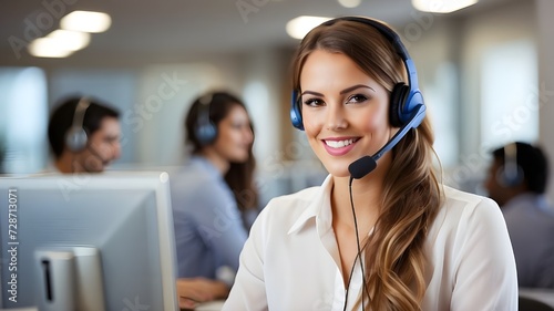 executive in charge of customer service, Lovely call center employees with endearing grins working in a modern office while sporting headphones, Lovely Call Center Employees in a Modern Office