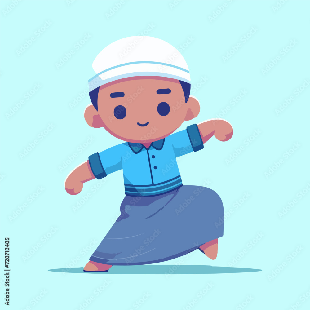 cute muslim boy with high spirits cartoon vector illustration