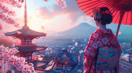 Elegant geisha in vibrant red kimono holding an umbrella, with a majestic view of Mount and cherry blossoms at sunset.
