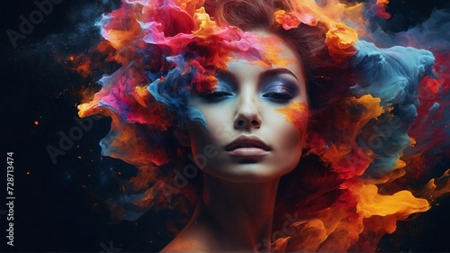 beautiful fantasy abstract portrait of a beautiful woman double exposure with a colorful digital paint splash or space nebula 