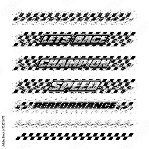 Set of black and white checkered flag lines with sport text and grunge design elements. Car and moto sport racing track patterns