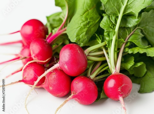 Fresh, bright red radish with green leaves, isolated on a white background.