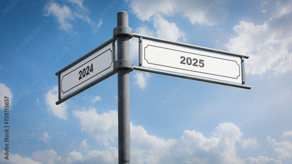 Fototapeta premium Signposts the direct way to 2024 versus 2025