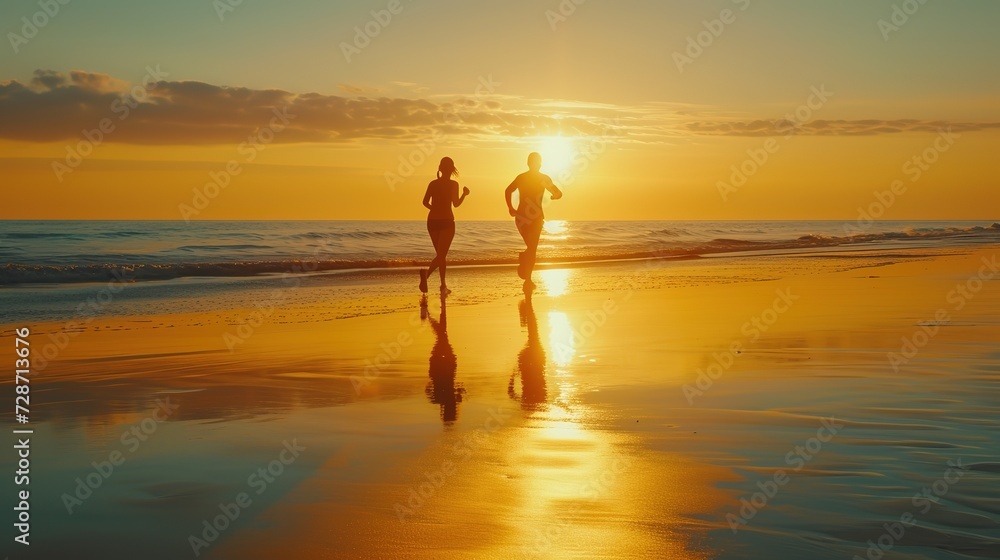 Silhouettes of a man and woman jogging on a serene beach, with the golden hues of the sunset reflecting on the wet sand and creating a tranquil scene.