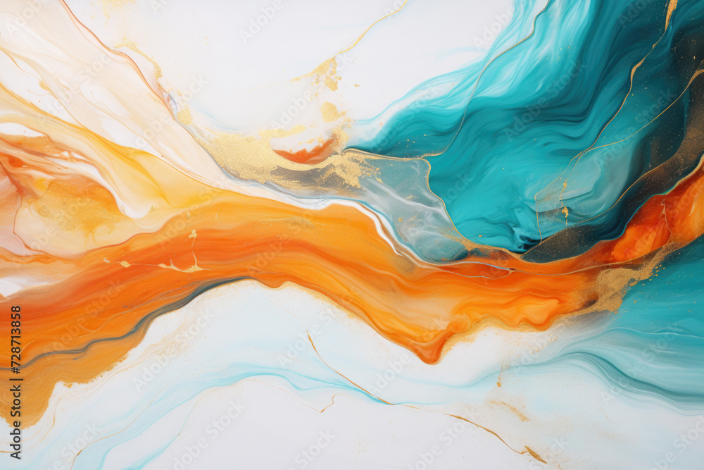 Acrylic fluid art surface pattern. Modern abstract background in orange, turquoise and white colors