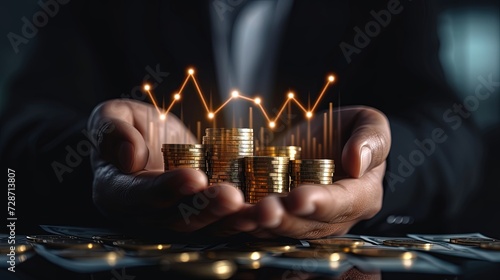 Close-up of hands cradling a stack of rising gold coins against a backdrop of glowing financial growth charts.