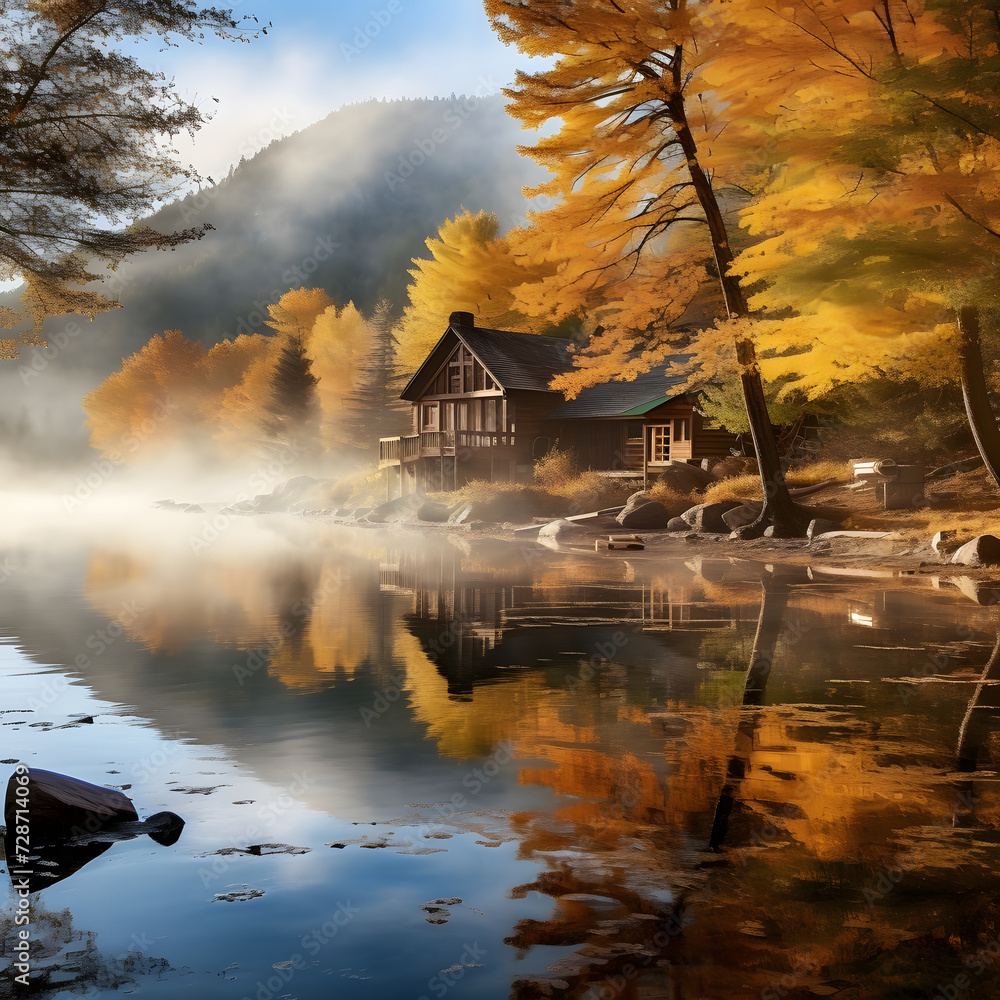 Fototapeta premium Autumn Serenity: Lakeside Cabin in the Misty Morning