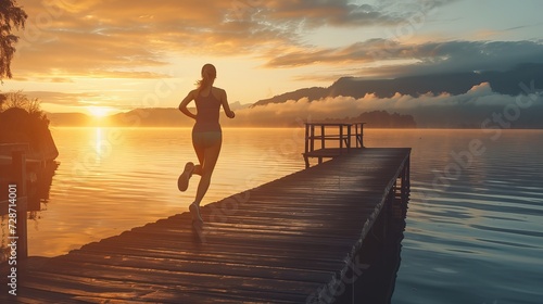 An active woman enjoys an early morning run on a wooden pier, with the tranquil waters of a lake and a beautiful sunrise in the background. #728714001