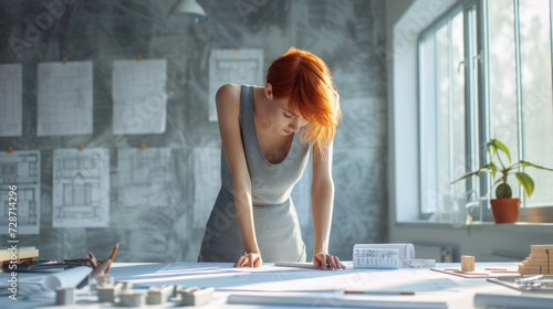 focused woman with short red hair is working on architectural drawings at a drafting table with sketches and a model building in front of her.