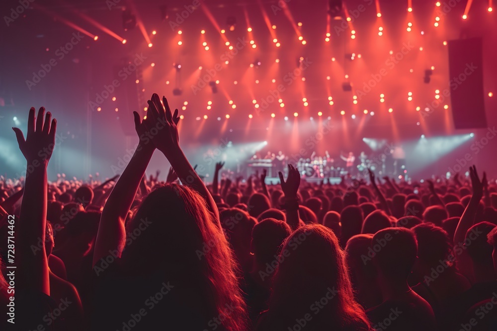 A Night to Remember Energetic Crowd Immersed in the Rhythm of Music at a Live Concert, Illuminated by Warm Stage Lights
