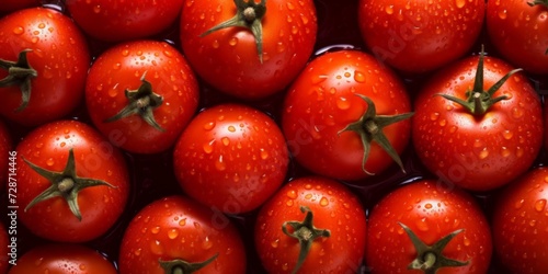 close-up view of ripe, red tomatoes with water droplets, highlighting their freshness and organic nature. © Topuria Design