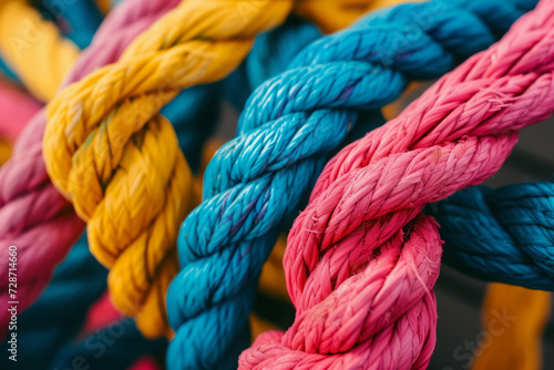 Several ropes tied together. Different colored ropes, close up