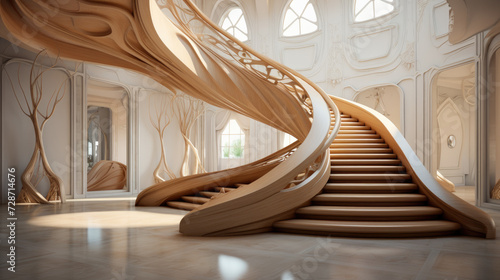 Beautiful majestic staircase. The beauty of a luxury house's interior, featuring an intricately designed intertwining staircase.