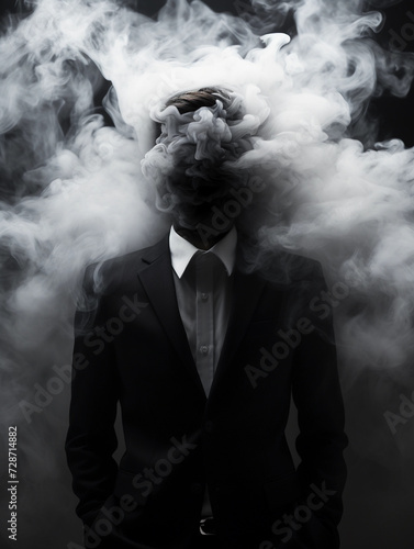 Man in black suit vanishing in a dark black smoke from head, surreal emotional concept. 