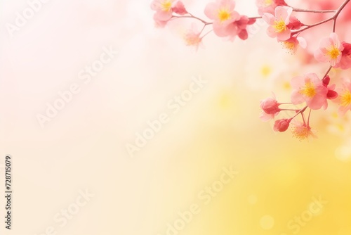 Blossoming Pink Spring Flowers Against Soft Yellow Background - spring flowers - copy space