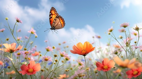 Orange Butterflies Soaring over a Field of Spring Blooms - Spring Banner © Eduardo