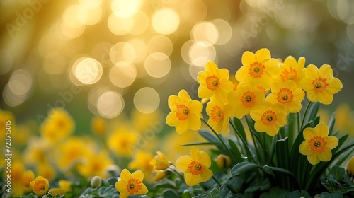 Sunlit Yellow Daffodils in Springtime - spring flowers - copy space