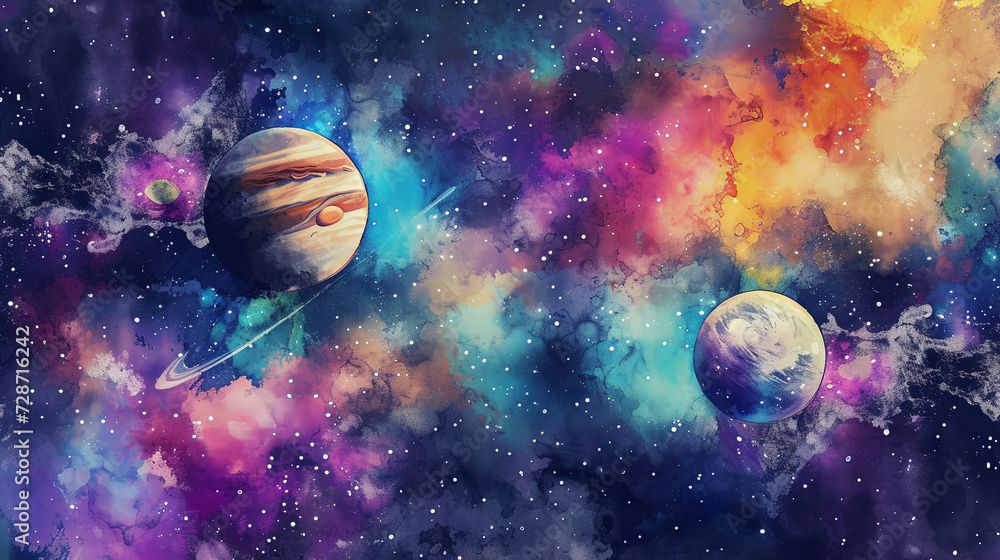 Vibrant watercolor cosmic scene with planets and nebulae, wallpaper, planets, paint Vibrant watercolor cosmic scene with planets and nebulae, wallpaper, planets, paint