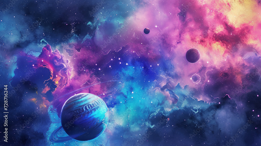 Vibrant watercolor cosmic scene with planets and nebulae, wallpaper, planets, paint Vibrant watercolor cosmic scene with planets and nebulae, wallpaper, planets, paint