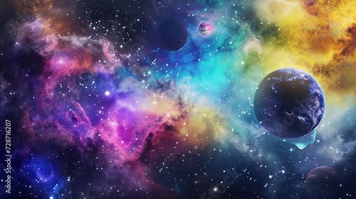 Vibrant watercolor cosmic scene with planets and nebulae, wallpaper, planets, paint © Cedric