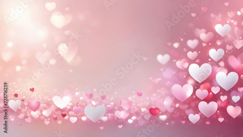 Pink blurred heart shaped bokeh lights texture.Valentines Day hearts abstract holiday background. St.Valentine's Day,Love Wedding wallpaper.Banner for design with copy space.AI generated.