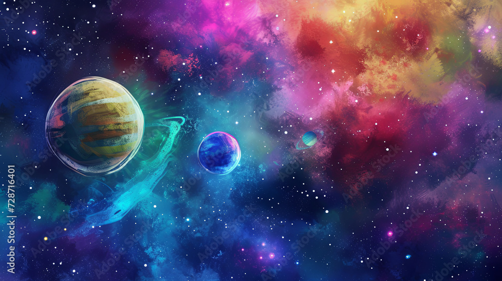 Vibrant watercolor cosmic scene with planets and nebulae, wallpaper, planets, paint