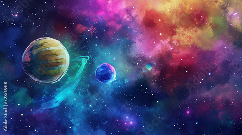 Vibrant watercolor cosmic scene with planets and nebulae, wallpaper, planets, paint © Cedric