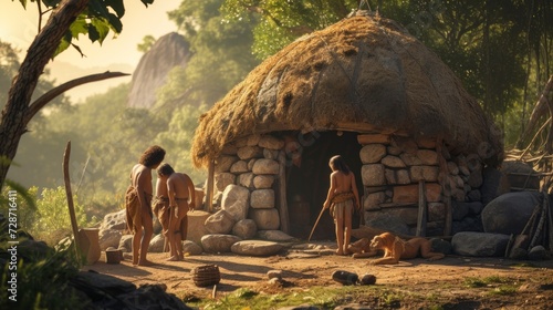 illustration of cavemen or indigenous people in front of a cabin building weapons or making food with white background in high resolution and high quality photo