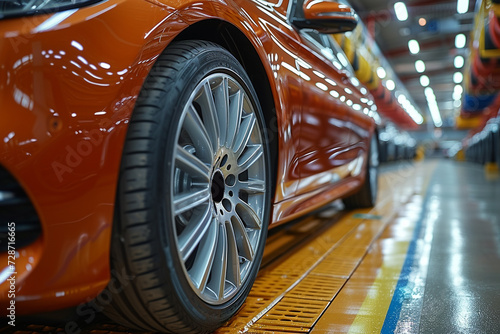 Modern and new car in dealer service, close-up view on wheels © Simonforstock