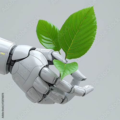 Environmental technology anc eco concept. Robot hand holding small plants with white background Artificial Intelligence and Technology ecology Green technology and Environmental technology. SDGs.