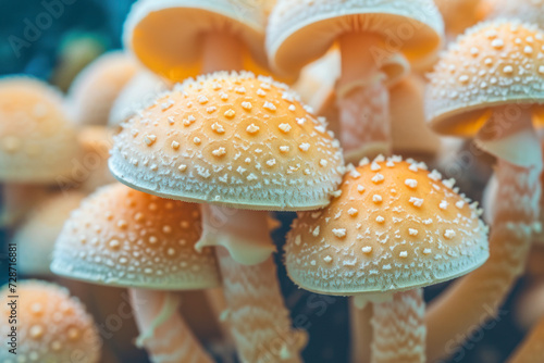 Close up beautiful bunch mushrooms color light in the tree background texture. Macro Photography View. © Hunman