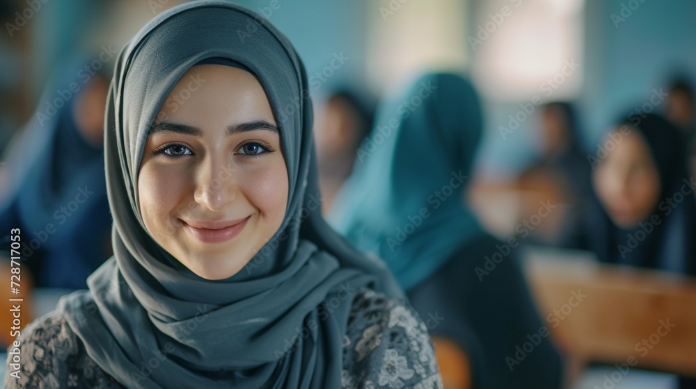 Pretty middle eastern college student smiling to the camera. Beautiful female middle eastern college student learning in the classroom, with copy space. Pretty middle eastern college student smiling to the camera. Beautiful female middle eastern college student learning in the classroom, with copy space.